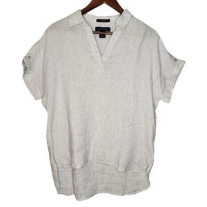 Tahari Womans Linen Top V Neck Pullover Hi/Low Hem Small White Black Stripe